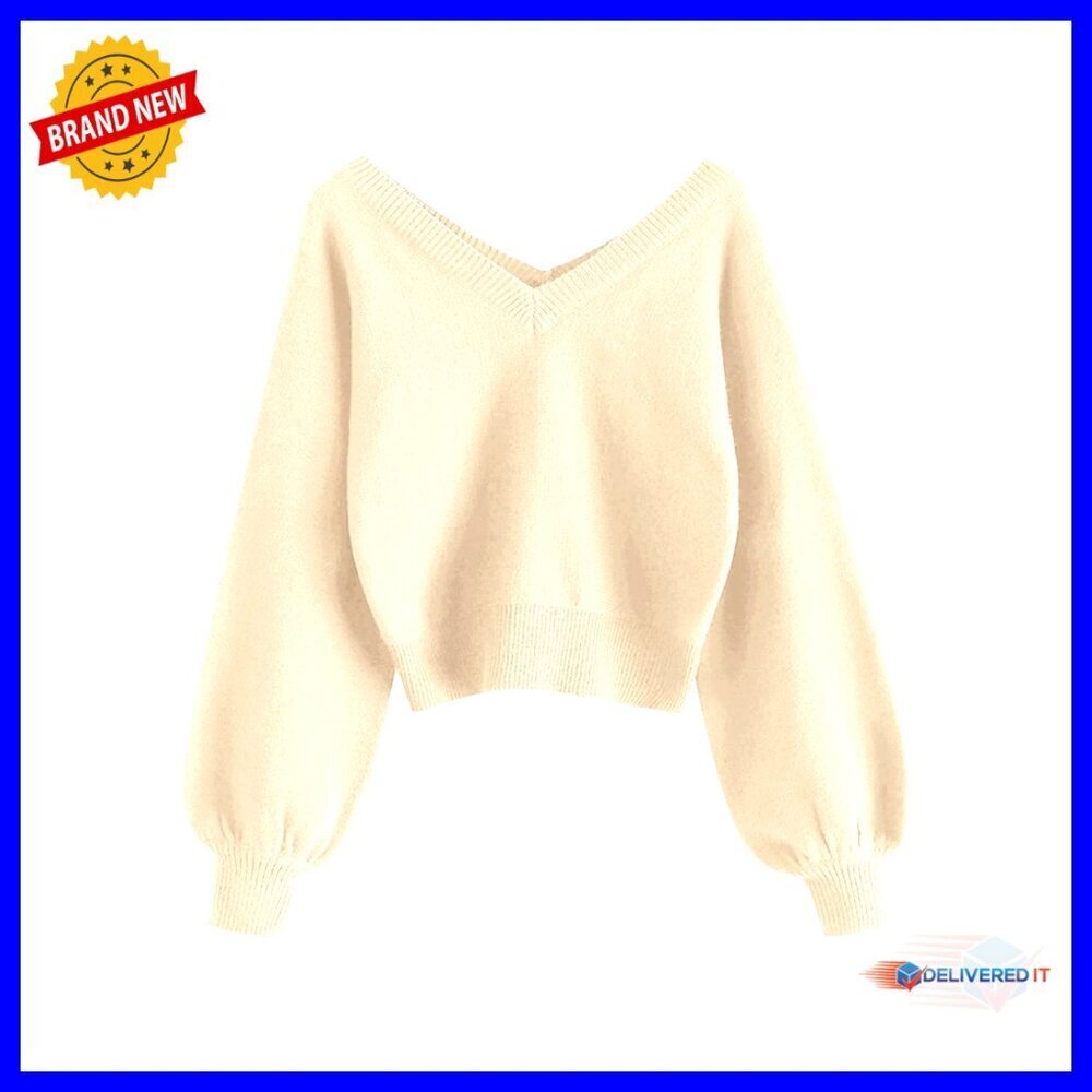 Cropped V-Neck Pullover Sweater Long Sleeve Knit Top Regular Fit
